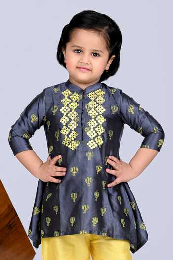 Little Brats_Grey Modal, Satin, Silk Embroidery Hot Air Balloon Print Kurta And Pant Set _Online_at_Aza_Fashions