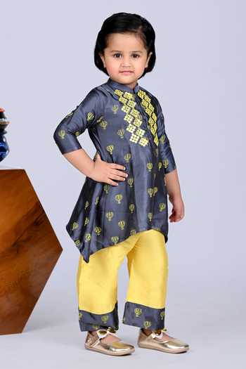 Buy_Little Brats_Grey Modal, Satin, Silk Embroidery Hot Air Balloon Print Kurta And Pant Set _Online_at_Aza_Fashions