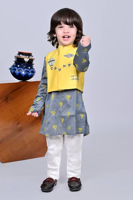 Little Brats Gray Cotton, Silk Mirrors, Embroidery Asymmetric Printed Kurta Set With Jacket Online at Aza Fashions Little Brats_Gray Cotton, Silk Mirrors, Embroidery Asymmetric Printed Kurta Set With Jacket _Online_at_Aza_Fashions