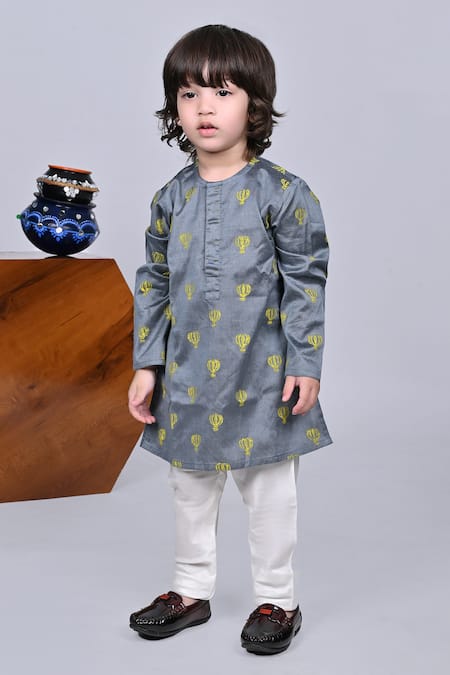Little Brats Gray Cotton, Silk Mirrors, Embroidery Asymmetric Printed Kurta Set With Jacket at Aza Fashions Little Brats_Gray Cotton, Silk Mirrors, Embroidery Asymmetric Printed Kurta Set With Jacket _at_Aza_Fashions