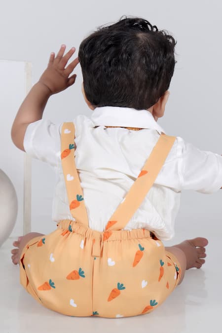 Shop Little Brats Orange Muslin, Kota Doria Shirt And Carrot Print Pant Set at Aza Fashions Shop_Little Brats_Orange Muslin, Kota Doria Shirt And Carrot Print Pant Set _at_Aza_Fashions