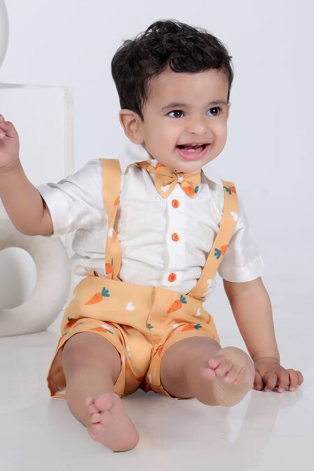 Little Brats Orange Muslin, Kota Doria Shirt And Carrot Print Pant Set Online at Aza Fashions Little Brats_Orange Muslin, Kota Doria Shirt And Carrot Print Pant Set _Online_at_Aza_Fashions