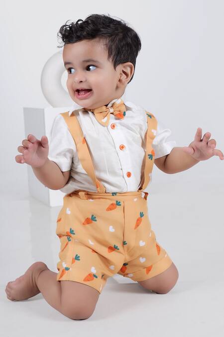 Shop Little Brats Orange Muslin, Kota Doria Shirt And Carrot Print Pant Set Online at Aza Fashions Shop_Little Brats_Orange Muslin, Kota Doria Shirt And Carrot Print Pant Set _Online_at_Aza_Fashions