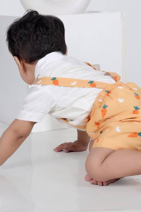 Little Brats Orange Muslin, Kota Doria Shirt And Carrot Print Pant Set at Aza Fashions Little Brats_Orange Muslin, Kota Doria Shirt And Carrot Print Pant Set _at_Aza_Fashions