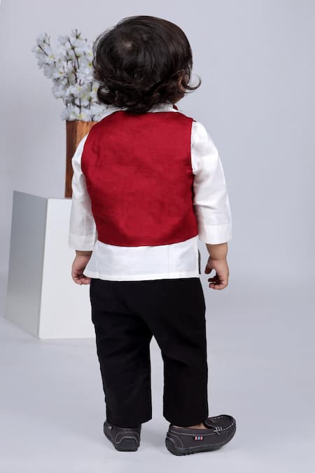 Shop Little Brats White Cotton, Satin, Rayon Embroidery, Applique Shirt Set With Printed Waistcoat at Aza Fashions Shop_Little Brats_White Cotton, Satin, Rayon Embroidery, Applique Shirt Set With Printed Waistcoat _at_Aza_Fashions
