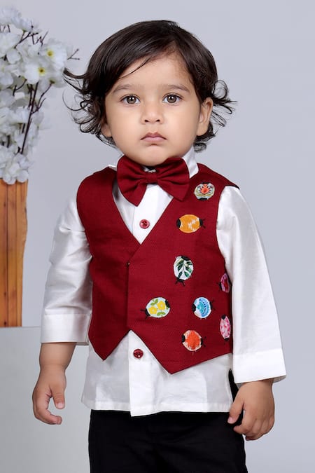 Little Brats White Cotton, Satin, Rayon Embroidery, Applique Shirt Set With Printed Waistcoat Online at Aza Fashions Little Brats_White Cotton, Satin, Rayon Embroidery, Applique Shirt Set With Printed Waistcoat _Online_at_Aza_Fashions