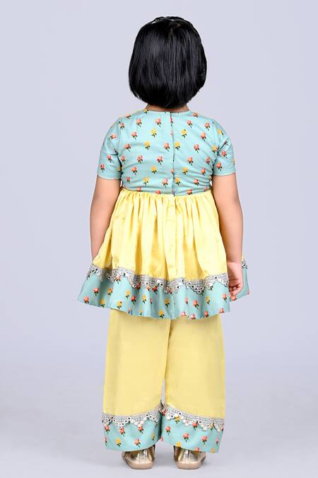 Shop Little Brats Yellow Modal, Satin, Silk Zari, Embroidery Floral Print Kurta And Palazzo Set at Aza Fashions Shop_Little Brats_Yellow Modal, Satin, Silk Zari, Embroidery Floral Print Kurta And Palazzo Set _at_Aza_Fashions