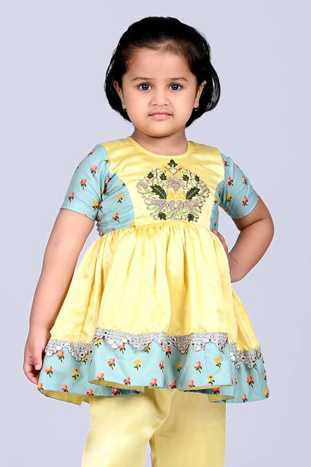 Buy Little Brats Yellow Modal, Satin, Silk Zari, Embroidery Floral Print Kurta And Palazzo Set Online at Aza Fashions Buy_Little Brats_Yellow Modal, Satin, Silk Zari, Embroidery Floral Print Kurta And Palazzo Set _Online_at_Aza_Fashions