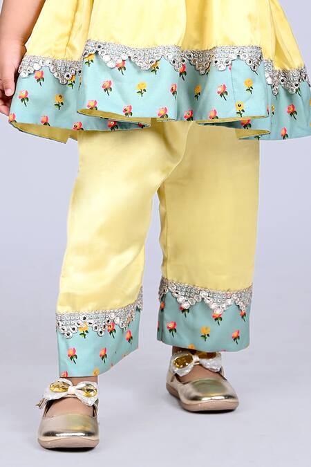 Shop Little Brats Yellow Modal, Satin, Silk Zari, Embroidery Floral Print Kurta And Palazzo Set Online at Aza Fashions Shop_Little Brats_Yellow Modal, Satin, Silk Zari, Embroidery Floral Print Kurta And Palazzo Set _Online_at_Aza_Fashions