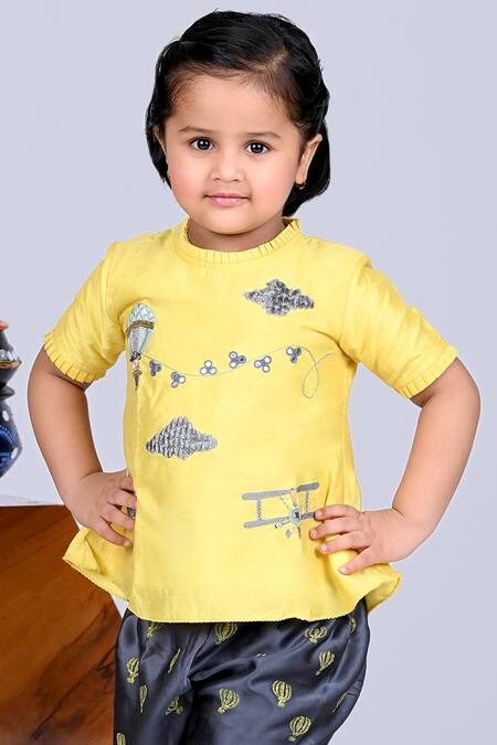 Little Brats Yellow Cotton, Silk Embroidery, Mirrors Peplum Top And Dhoti Pant Set Online at Aza Fashions Little Brats_Yellow Cotton, Silk Embroidery, Mirrors Peplum Top And Dhoti Pant Set _Online_at_Aza_Fashions