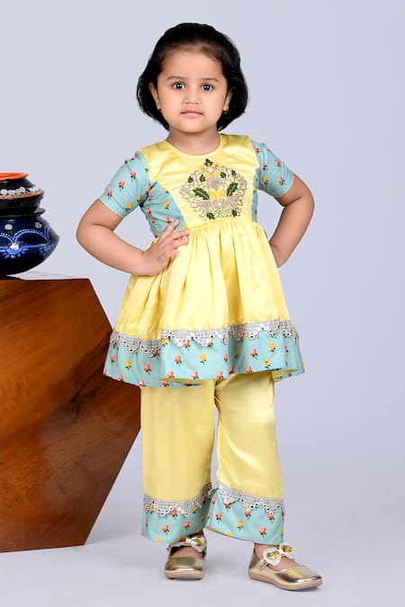 Little Brats Yellow Modal, Satin, Silk Zari, Embroidery Floral Print Kurta And Palazzo Set 