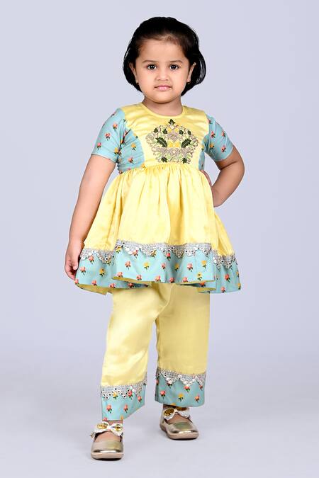 Little Brats Yellow Modal, Satin, Silk Zari, Embroidery Floral Print Kurta And Palazzo Set at Aza Fashions Little Brats_Yellow Modal, Satin, Silk Zari, Embroidery Floral Print Kurta And Palazzo Set _at_Aza_Fashions