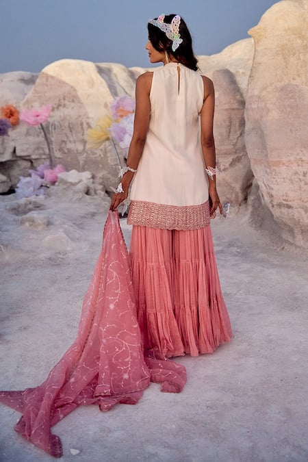 Shop Nikita Vishakha Pink Silk, Organza Embroidery Round Neck Zardozi Kurta Set at Aza Fashions Shop_Nikita Vishakha_Pink Silk, Organza Embroidery Round Neck Zardozi Kurta Set _at_Aza_Fashions