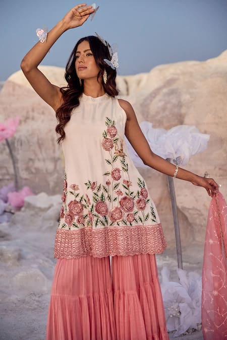 Nikita Vishakha Pink Silk, Organza Embroidery Round Neck Zardozi Kurta Set Online at Aza Fashions Nikita Vishakha_Pink Silk, Organza Embroidery Round Neck Zardozi Kurta Set _Online_at_Aza_Fashions