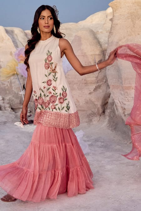 Shop Nikita Vishakha Pink Silk, Organza Embroidery Round Neck Zardozi Kurta Set Online at Aza Fashions Shop_Nikita Vishakha_Pink Silk, Organza Embroidery Round Neck Zardozi Kurta Set _Online_at_Aza_Fashions