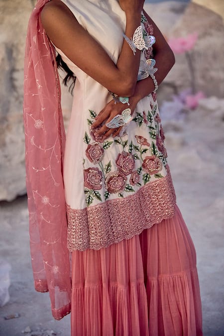 Nikita Vishakha Pink Silk, Organza Embroidery Round Neck Zardozi Kurta Set at Aza Fashions Nikita Vishakha_Pink Silk, Organza Embroidery Round Neck Zardozi Kurta Set _at_Aza_Fashions