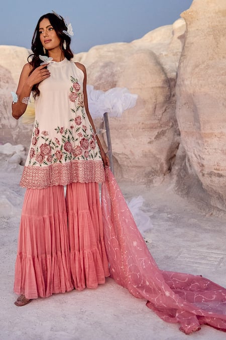 Buy Nikita Vishakha Pink Silk, Organza Embroidery Round Neck Zardozi Kurta Set Buy_Nikita Vishakha_Pink Silk, Organza Embroidery Round Neck Zardozi Kurta Set