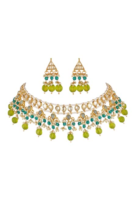 Shop_ChhavI'S Jewels_Multi Color Beads, Diamonds, Stones Kundan Studded Necklace Set _at_Aza_Fashions