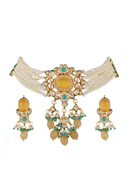 Shop_ChhavI'S Jewels_Yellow Stones, Pearls, Gota Patti Onyx And Kundan Embellished Choker Necklace Set _at_Aza_Fashions