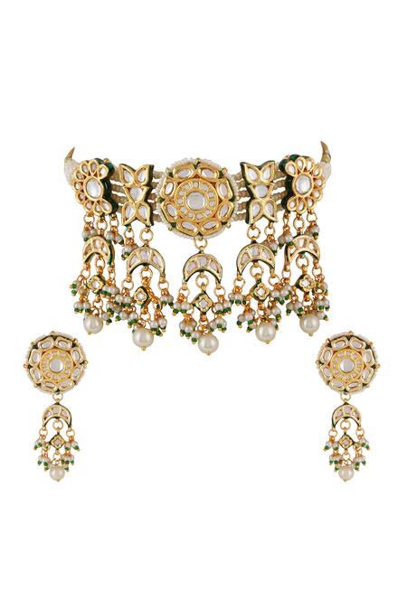 Shop_ChhavI'S Jewels_White Diamonds, Pearls And Kundan Embellished Choker Necklace Set _at_Aza_Fashions