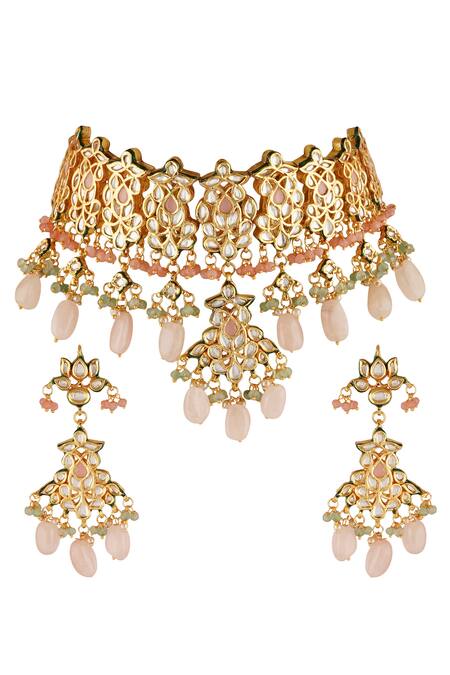 ChhavI'S Jewels Bead Drop Carved Necklace Set 