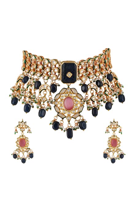 Shop_ChhavI'S Jewels_Blue Stones, Pearls Kundan And Onyx Embellished Choker Necklace Set _at_Aza_Fashions