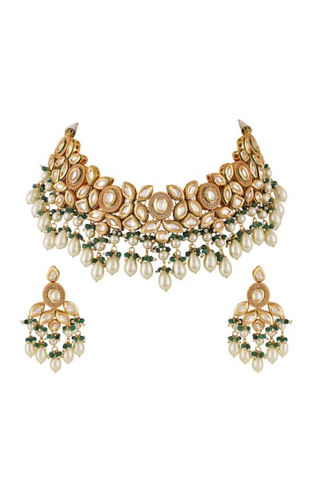 Shop_Chhavi's Jewels_Green Diamonds, Pearls Kundan And Embellished Choker Necklace Set _at_Aza_Fashions