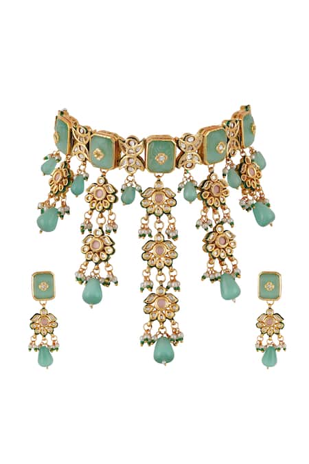 Shop_Chhavi's Jewels_Green Stones, Pearls, Tassels Kundan And Turquoise Embellished Choker Necklace Set _at_Aza_Fashions