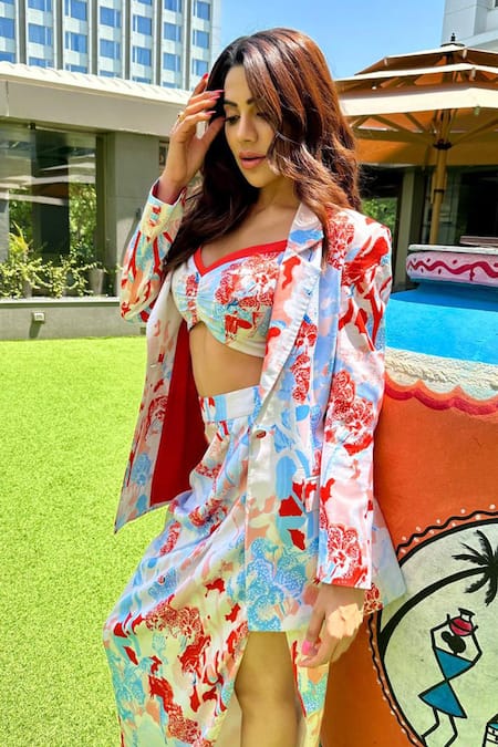 Shop Mandira Wirk Resort White Satin Tropical Print Collared Neck Blazer And Skirt Set Shop_Mandira Wirk Resort_White Satin Tropical Print Collared Neck Blazer And Skirt Set