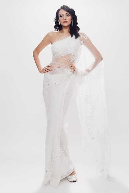 Dilnaz_White Net Plain Asymmetric One Shoulder Draped Blouse_Online_at_Aza_Fashions