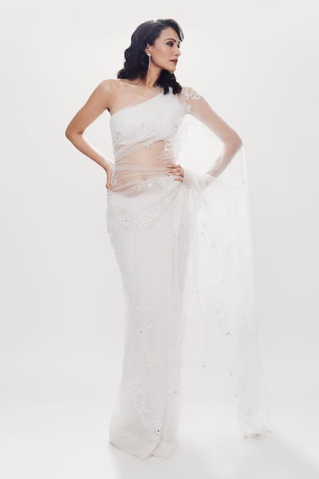 Buy_Dilnaz_White Net Plain Asymmetric One Shoulder Draped Blouse_Online_at_Aza_Fashions