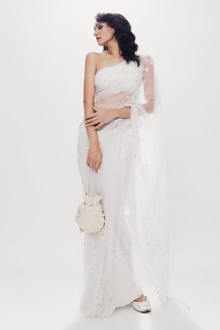 Shop_Dilnaz_White Net Plain Asymmetric One Shoulder Draped Blouse_Online_at_Aza_Fashions