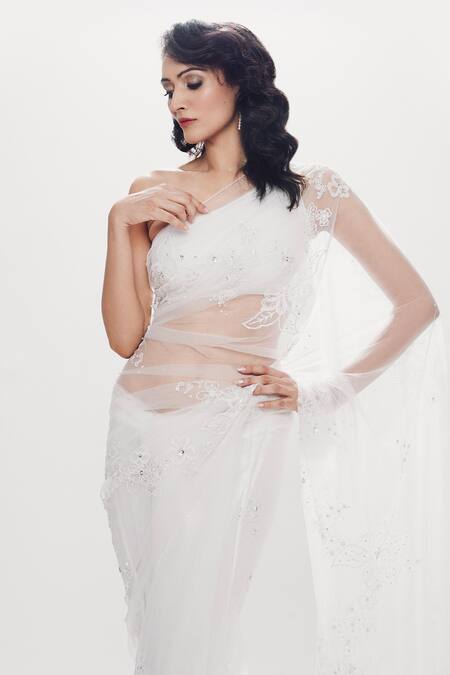Dilnaz_White Net Plain Asymmetric One Shoulder Draped Blouse_at_Aza_Fashions