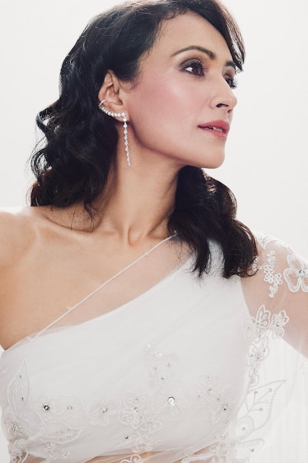 Buy_Dilnaz_White Net Plain Asymmetric One Shoulder Draped Blouse