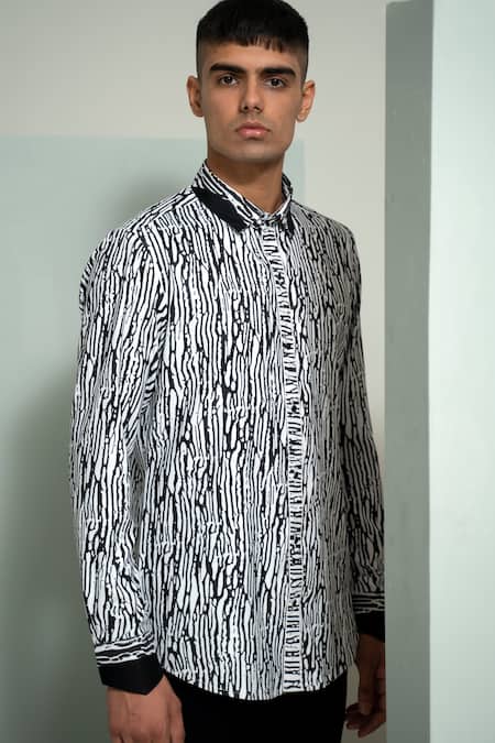 Shop_Varun Chakkilam_Black Twill, Cotton Camouflage Stripe Print Shirt _at_Aza_Fashions