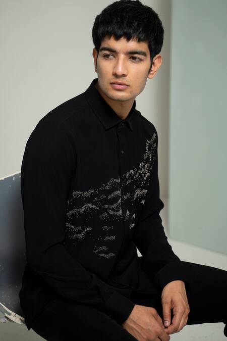 Shop Varun Chakkilam Black Cotton Pearls Wave Placement Embroidered Shirt at Aza Fashions Shop_Varun Chakkilam_Black Cotton Pearls Wave Placement Embroidered Shirt _at_Aza_Fashions