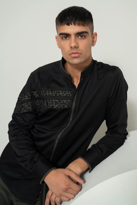 Shop Varun Chakkilam Black Cotton Embroidery Camouflage Stripe Pattern Shirt at Aza Fashions Shop_Varun Chakkilam_Black Cotton Embroidery Camouflage Stripe Pattern Shirt _at_Aza_Fashions