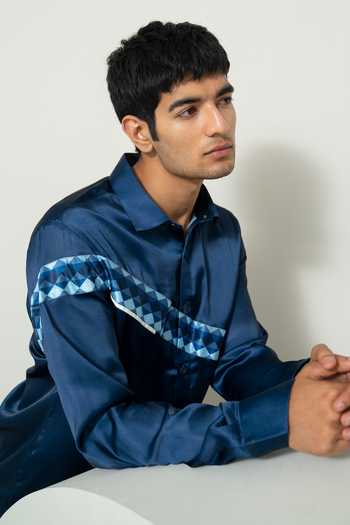 Shop Varun Chakkilam Blue Polyester Descending Streak Print Shirt at Aza Fashions Shop_Varun Chakkilam_Blue Polyester Descending Streak Print Shirt _at_Aza_Fashions