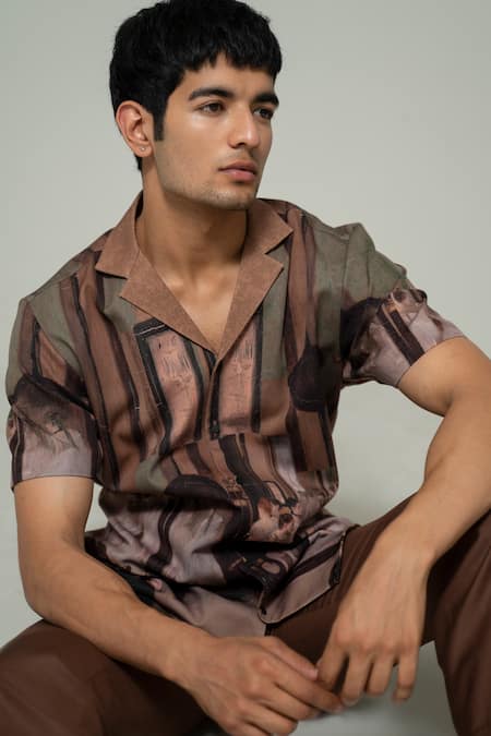 Shop Varun Chakkilam Brown Crepe Dancing Hall Print Shirt at Aza Fashions Shop_Varun Chakkilam_Brown Crepe Dancing Hall Print Shirt _at_Aza_Fashions