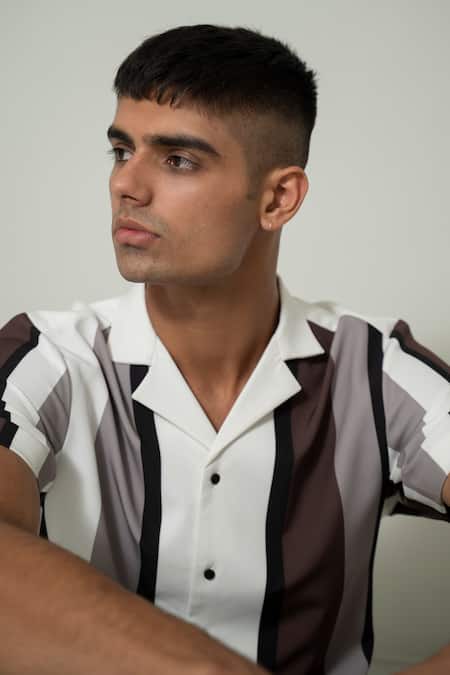 Shop Varun Chakkilam Brown Stripe Print Shirt at Aza Fashions Shop_Varun Chakkilam_Brown Stripe Print Shirt _at_Aza_Fashions