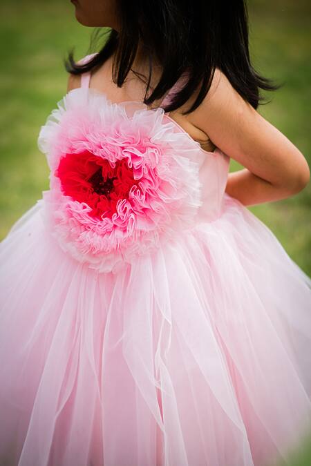 Ranikidswear_Pink Net Ruffle Heart Frill Pattern Yoke Dress_Online_at_Aza_Fashions