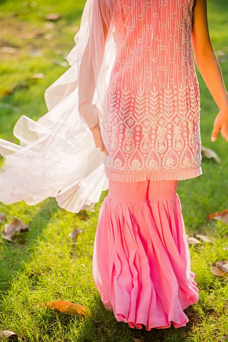 Ranikidswear_Pink Net Embroidered Pearl Kurta Sharara Set_Online_at_Aza_Fashions