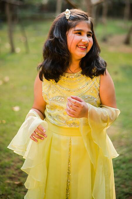 Ranikidswear_Yellow Organza Embroidered Crystal Pleated Lehenga Set_Online_at_Aza_Fashions