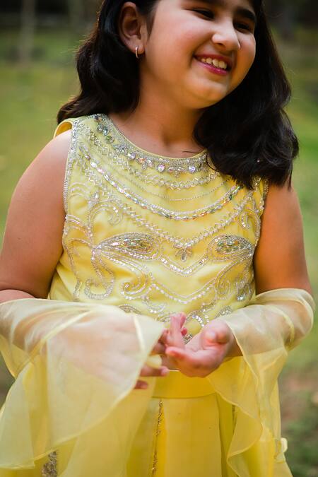 Buy_Ranikidswear_Yellow Organza Embroidered Crystal Pleated Lehenga Set_Online_at_Aza_Fashions