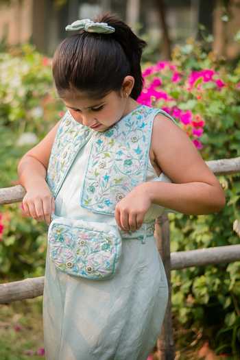 Ranikidswear_Sky Blue Cotton Satin Embroidered Thread Floral Chelsea Collar Jumpsuit_Online_at_Aza_Fashions