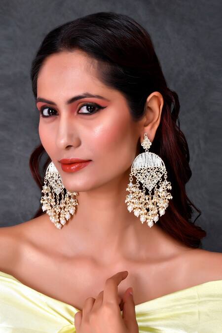 Ishhaara_White Stones, Beads Embellished Earrings _Online_at_Aza_Fashions