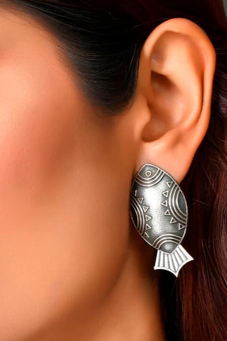 Ishhaara Silver Plated Fish Shaped Oxidised Carved Earrings