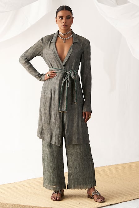 Itrh Black Silk, Crepe Embroidery V-neck Collared Jacket And Pant Set 