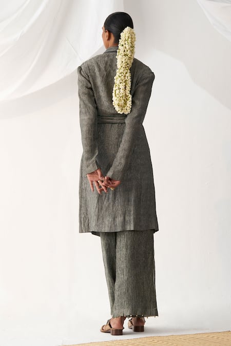 Shop Itrh Black Silk, Crepe Embroidery V-neck Collared Jacket And Pant Set at Aza Fashions Shop_Itrh_Black Silk, Crepe Embroidery V-neck Collared Jacket And Pant Set _at_Aza_Fashions