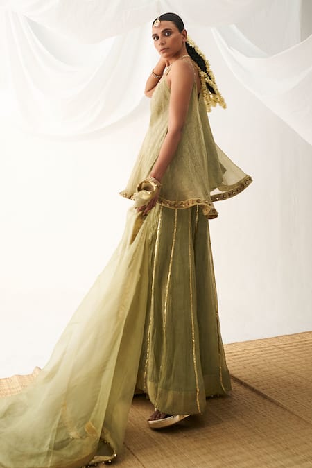 Itrh Green Organza, , Satin Embroidery, Placement Tunic And Sharara Set Online at Aza Fashions Itrh_Green Organza, , Satin Embroidery, Placement Tunic And Sharara Set _Online_at_Aza_Fashions